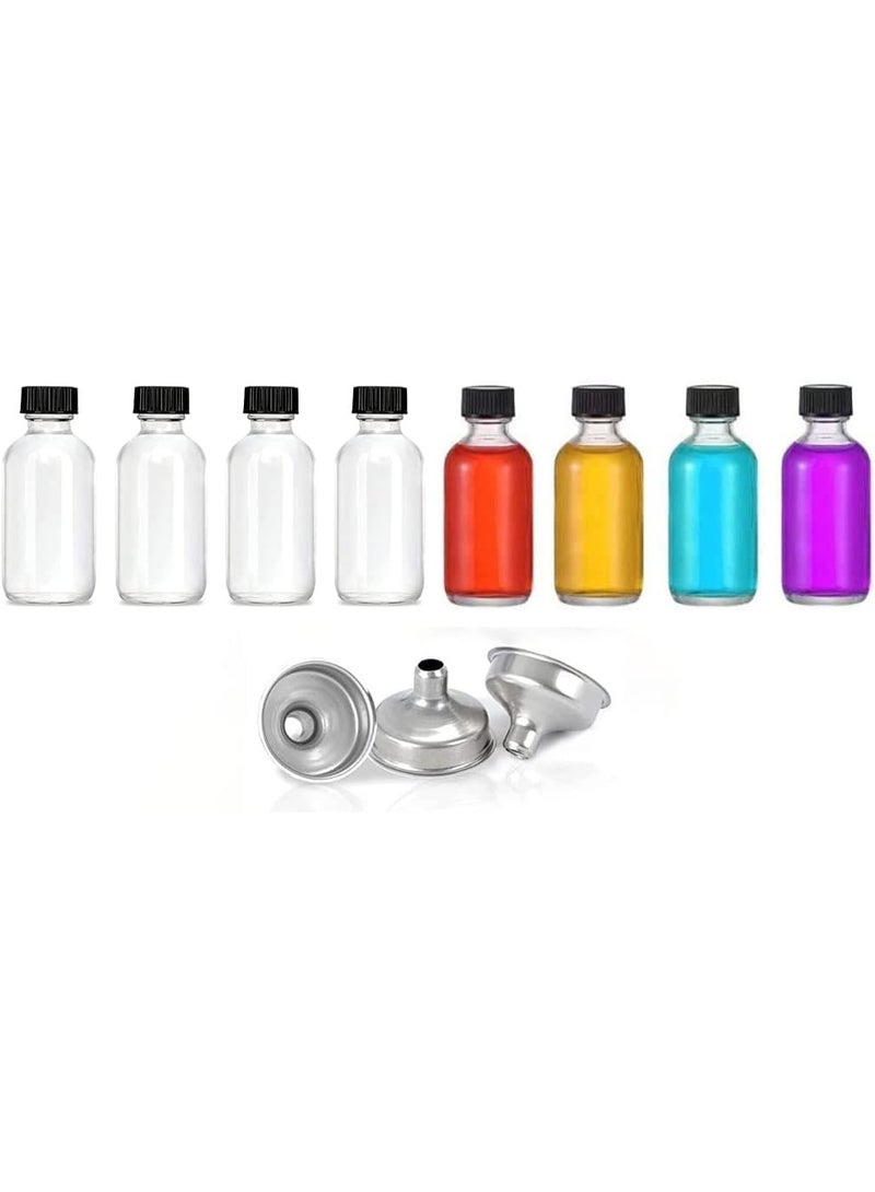 CLENEA 8 Pcs Clear Glass Bottle with Cap, Boston Round Sample Glass Bottle, 60 ML Small Glass Bottles, with 3 Stainless Steel Funnels, No Leakage, for Juice, Ginger Juice, Oil, Liquid - Image 1